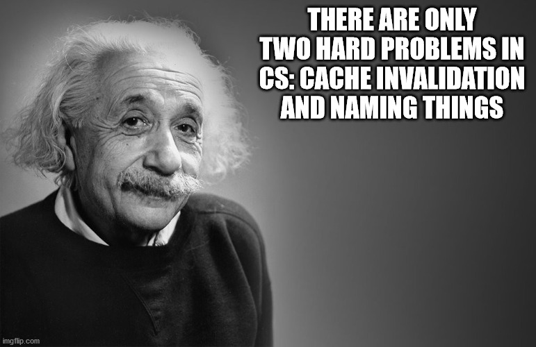 'There are two hard problems in CS: Cache invalidation and naming things', with a picture of Albert Einstein.